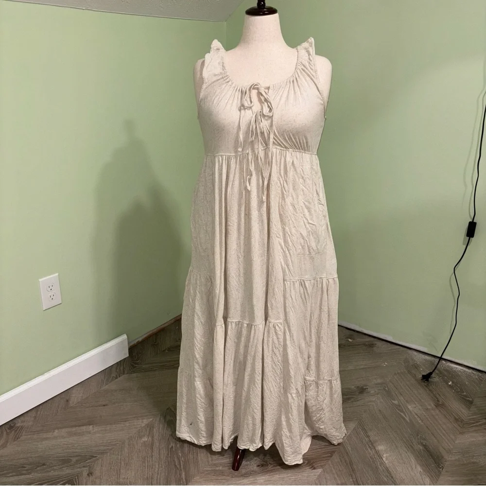 FP Beach Tie Front Sleeveless Tiered Maxi Dress Cream Boho Cottage Women’s Sz M - Picture 1 of 5